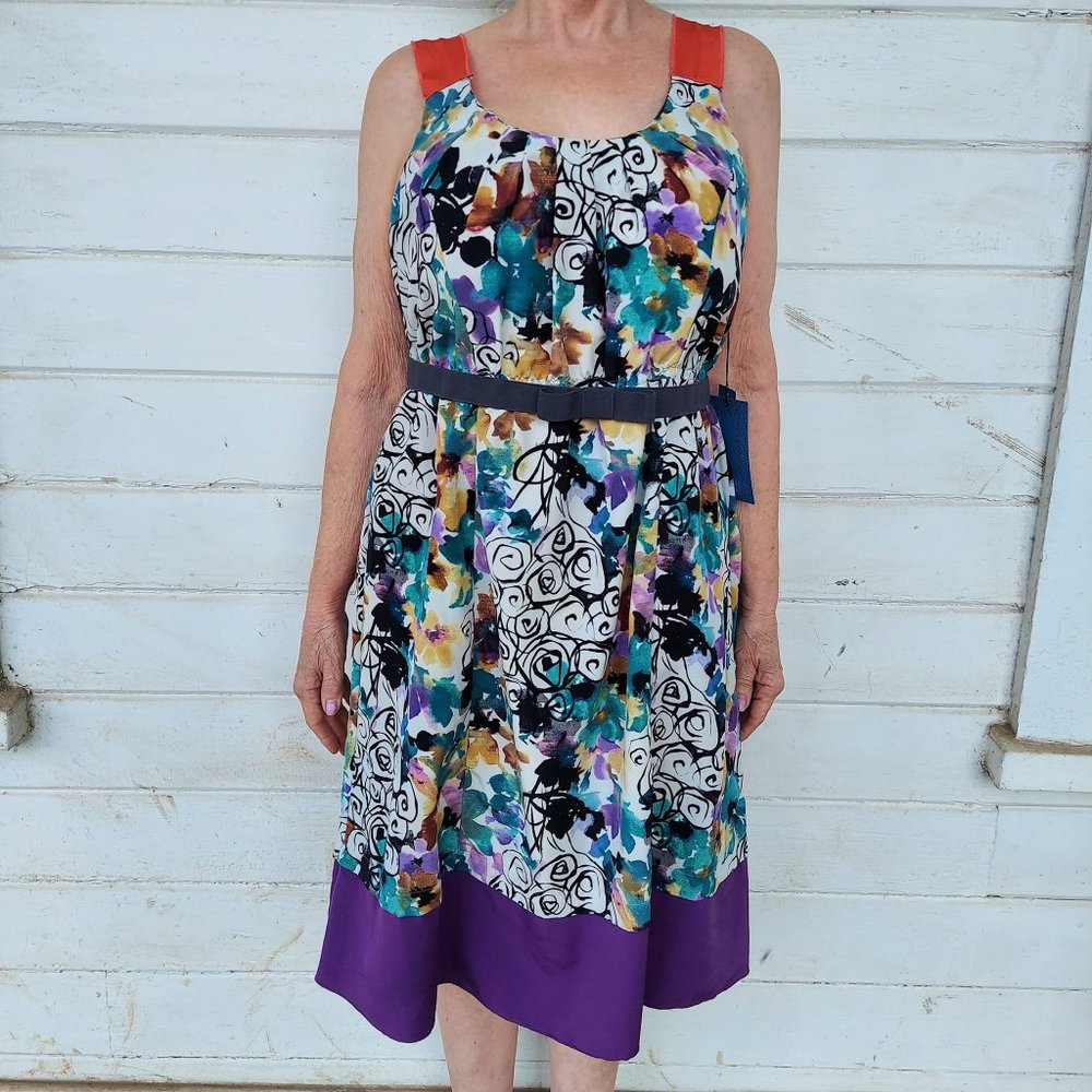 Vera Wang Abstract Floral Watercolor Multi Colored Belted Dress Size 14